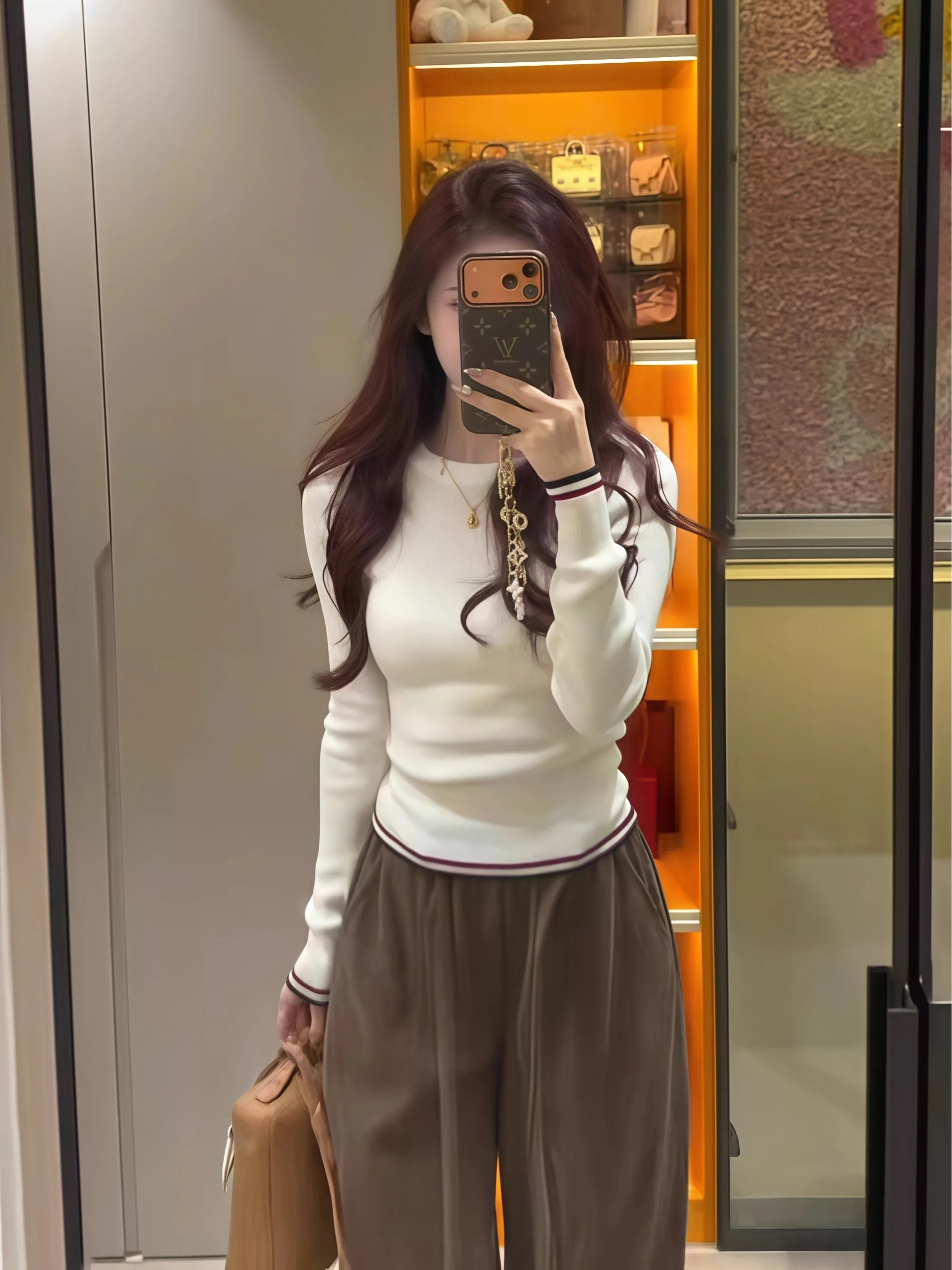 

Женская трикотажная кофта с длинным рукавом, весна-осень, новая коллекция, корейский стиль, модный базовый слой, облегающий крой, внутренний топ, полосатый узор.