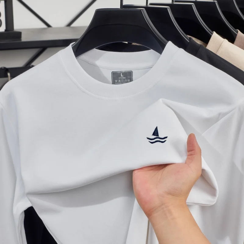 Men Spring Autumn Solid Color Fashion Sail Embroide Long Sleeve Round Neck Tshirt Daily Commut Soft Skin friendly Versatile Top