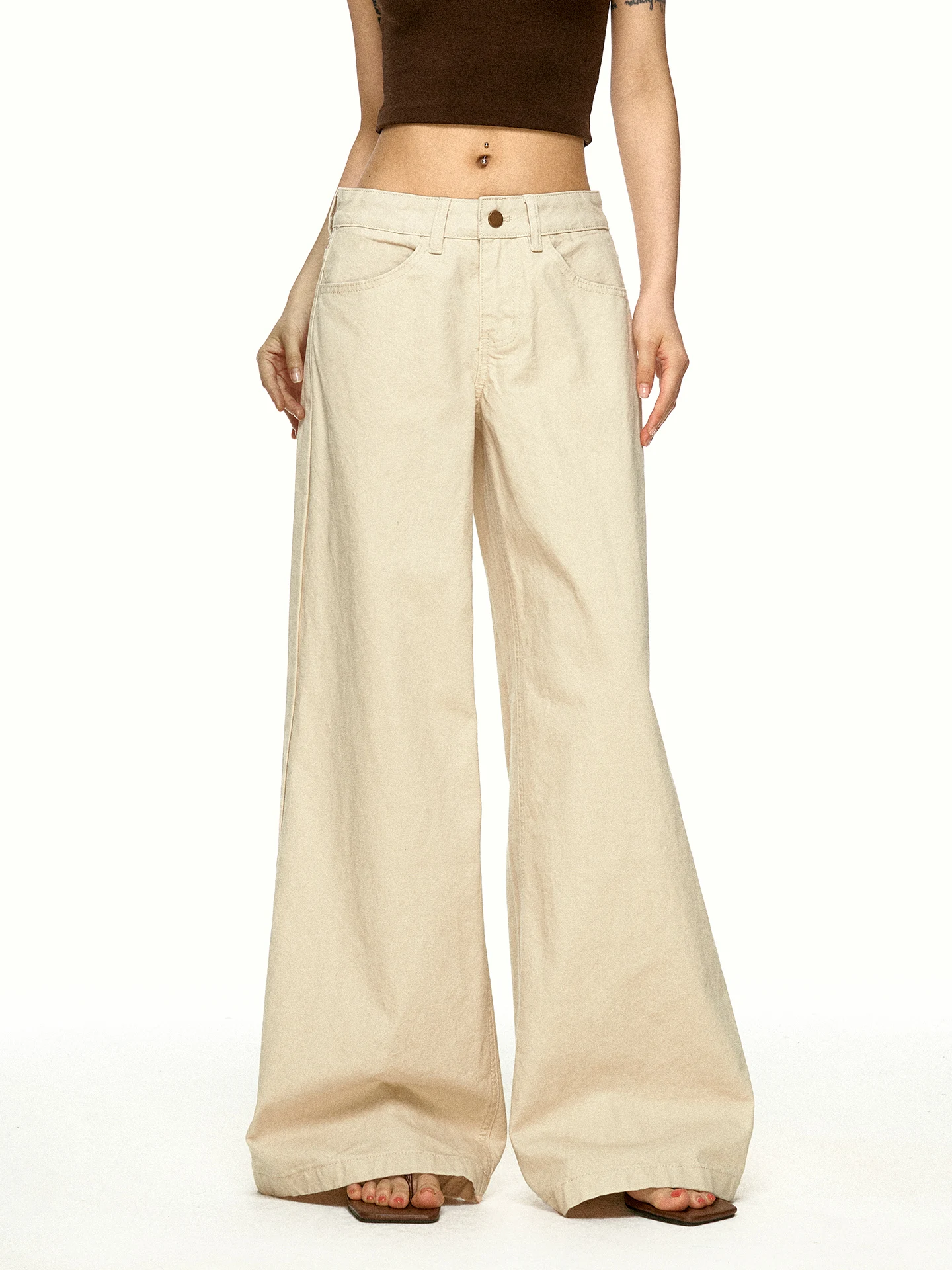 Aaisup Low Waist Ruffle Back Pocket Wide Leg Jeans Women's Loose Slimming Floor Length Pants Autumn Season Ladies Jeans