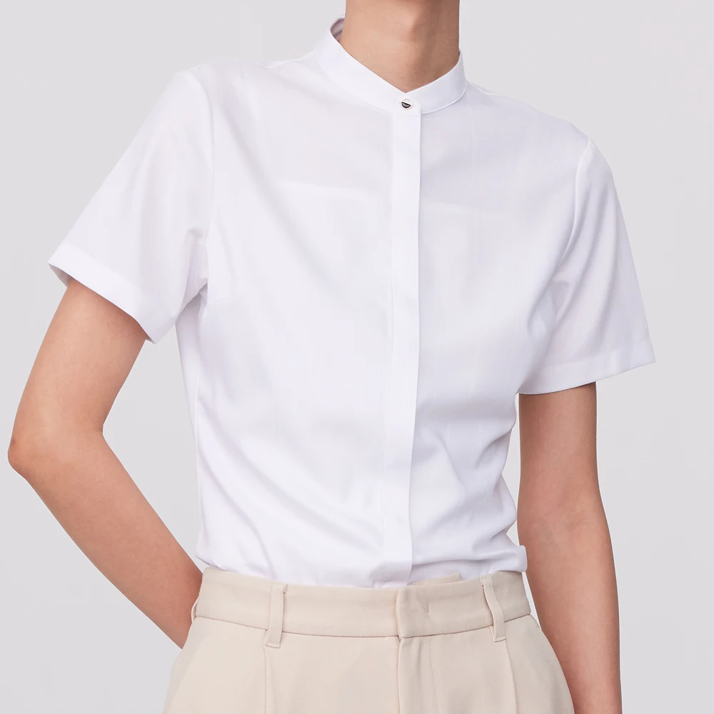 Women's Office Lady Short Sleeve Stand Collar Shirt Without Pocket Hidden Buttons Placket Slim-fit Slight Strech Blouse Shirts