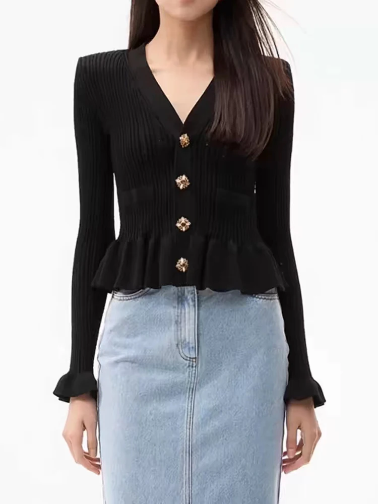 High Quality Early Autumn New Black Knit Cardigan Women Gold Buckle Ruffles V-neck Slim Fit Sweater Tops Ladies