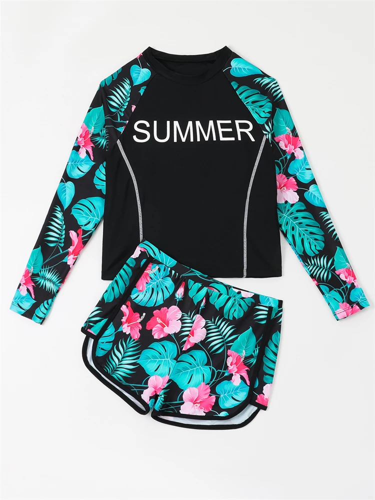 Girls Kids Swimsuit 2024 New Solid Print Long Sleeves Children Swimwear Summer Two Piece Shorts Beach Wear Bathing Suit Swimming