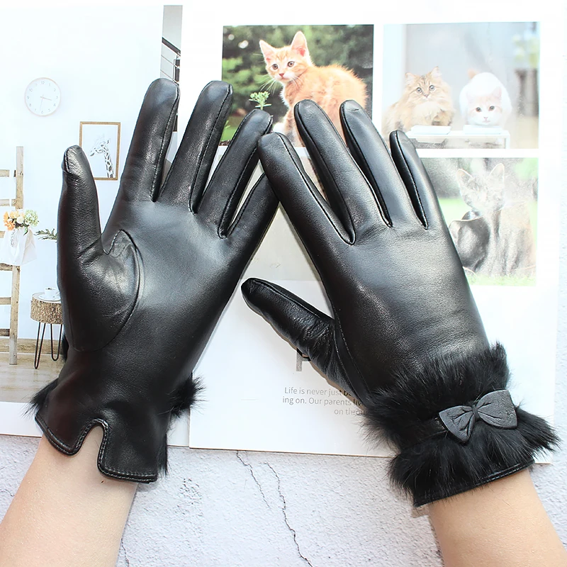 New Sheepskin Gloves Ladies High Quality Imported Leather Fashion Driver Fingered Velvet Winter Motorcycle Riding Driving Gloves