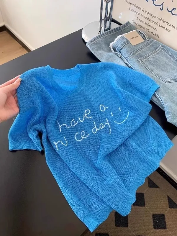 

Blue Ice Silk Knitted ort Sve T-irt plus Size Women's Summer Slimming Korean Sle Thin Design Sense Top