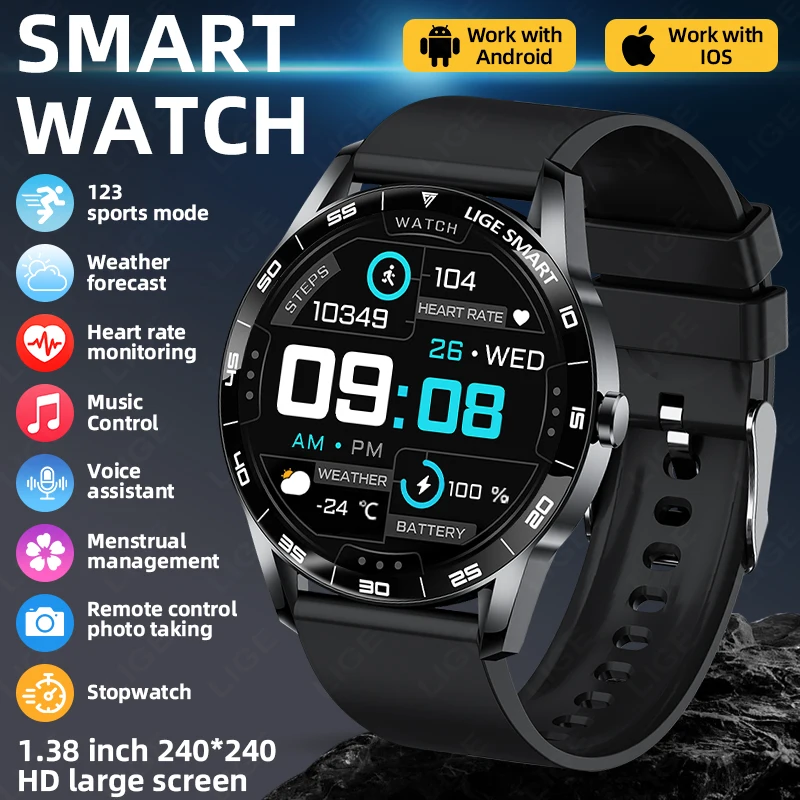 

LIGE новые роскошные умные часы для мужчин, Bluetooth-напоминание о вызове, монитор сердечного ритма, здоровье, мультиспортивный режим, водонепроницаемые умные часы