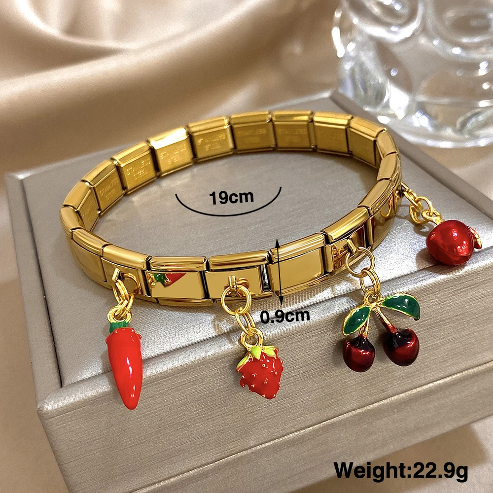 Trendy Stainless Steel Italian Charm Links Bracelets Chic Strawberry Cherry Chili Fruit Pendant Wristband Bangle Jewelry Gifts