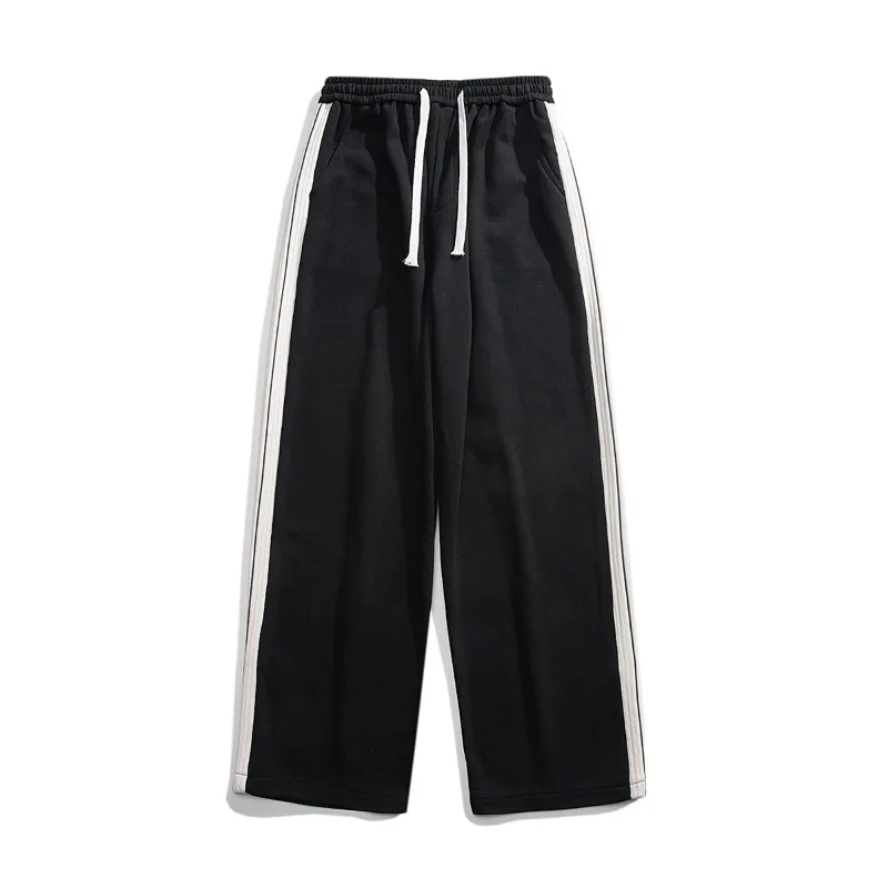 Spring Autumn Men's Striped Elastic High Waisted Pocket Solid Casual Loose Sports Wide Leg Workwear Trousers Office Lady Pants