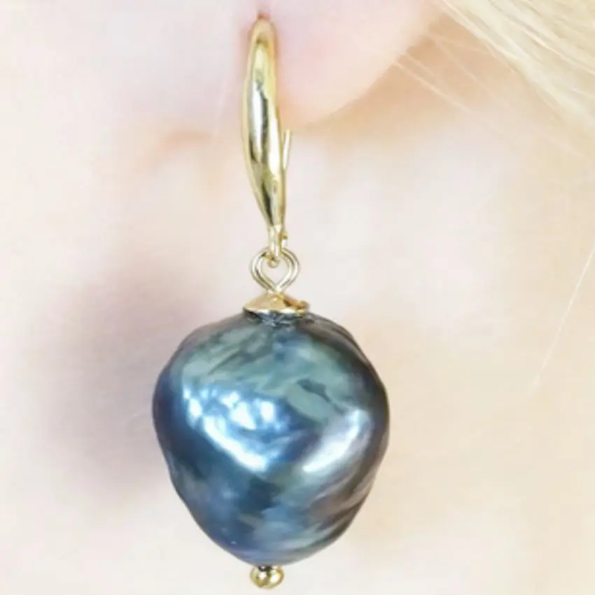Freshwater Black Baroque Pearl Earrings 18k hook Stud Gemstone Drop Wedding  Clip-on Teens Earbob