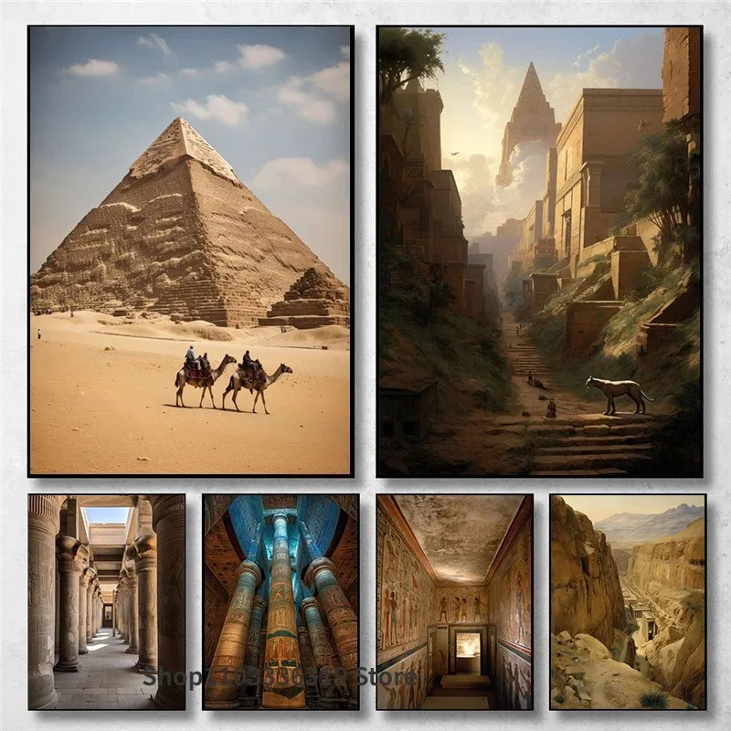 Ancient Egypt Landscape Great Hypostyle Hall Building Art Poster Canvas Painting Wall Print Picture for Living Room Home Deco