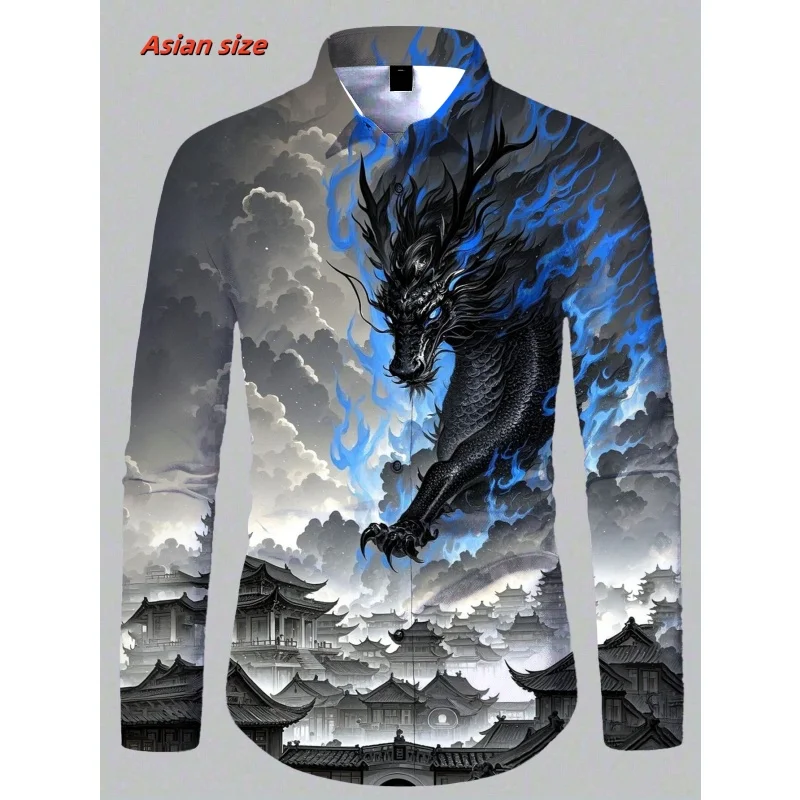 Cool Dragon Bull Pattern Hawaiian Shirts For Men Fun Cat 3D Printed Blouse Spring Autumn Casual Loose Aloha Shirts Long Sleeves