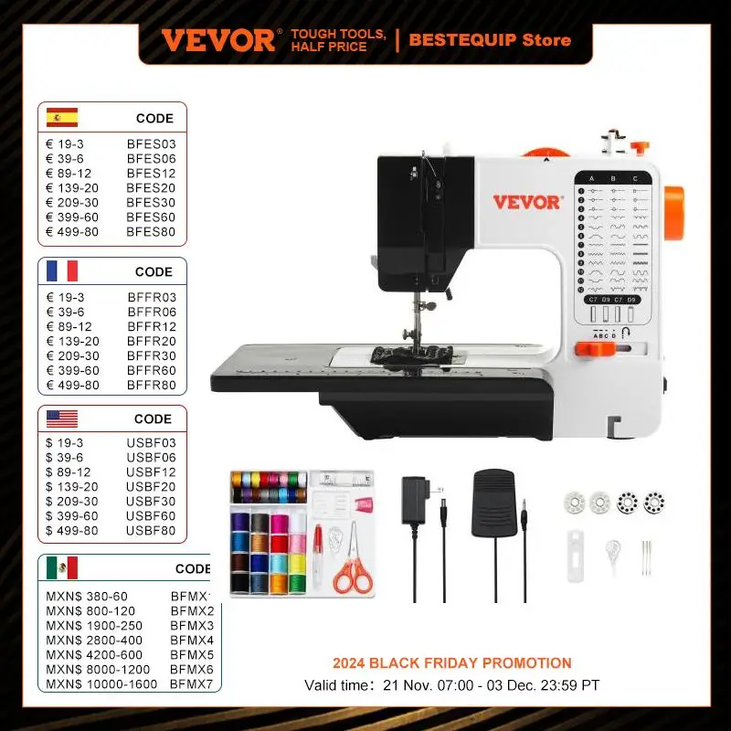 VEVOR Sewing Machine Portable Dual Speed Home DIY 38 Built-in Stitches & Reverse Sewing Pedal Extension Table 42pcs Accessories