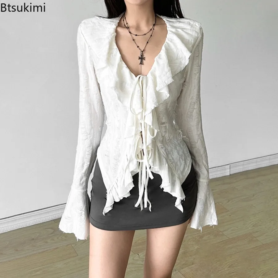 New Women's Sexy Long Sleeve Blouses Y2k Aesthetic Harajuku Streetwear Trend Ruffles Design Ladies Sweet Casual Tops Tassel Tees