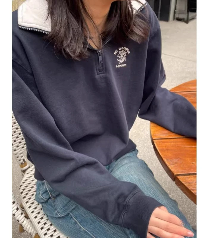 

Loose Women's Sweatirt Collared f Zipper Dragon Embroidery Blue Color New Arrival Autumn 2023 BM Overhead Top
