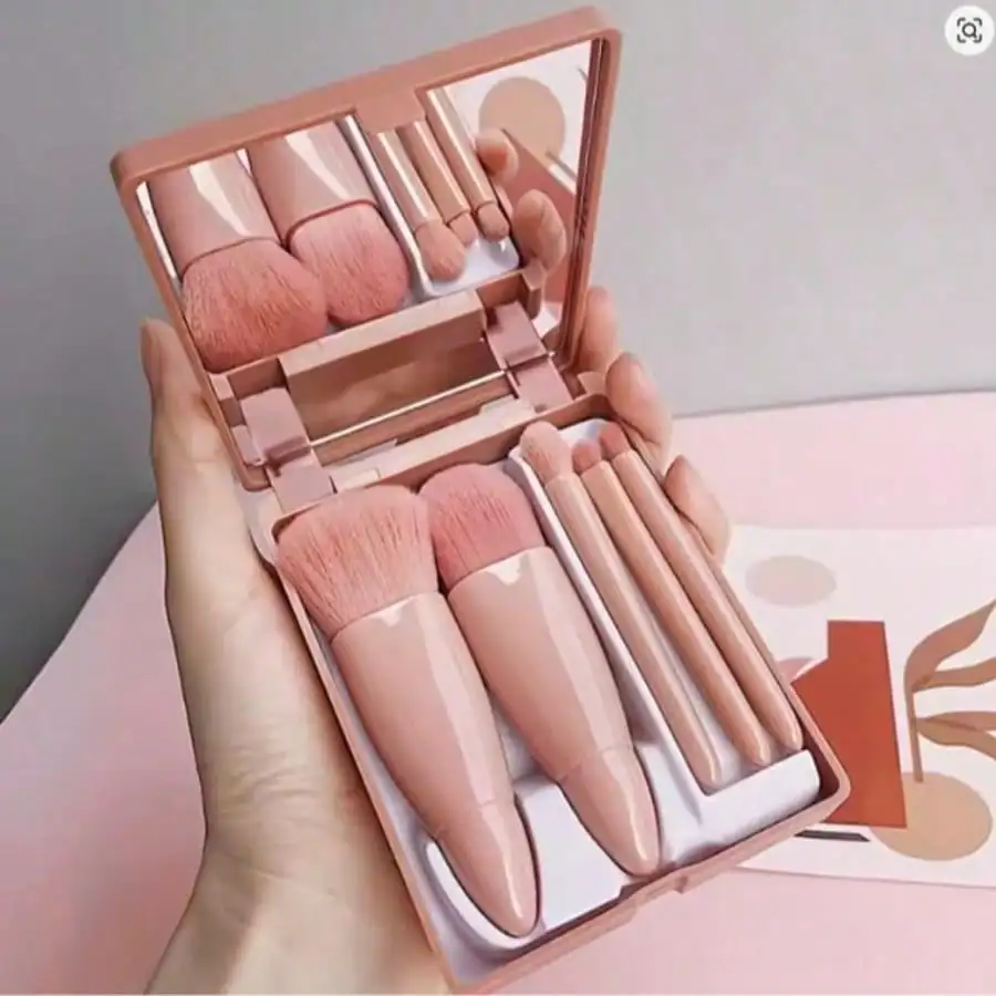 5Pcs Mini Travel Makeup Brush Set With Mirror Case Portable Professional Cosmetic Brushes For Powder Foundation Blush and Eyeshadow Compact Face Brushes With Storage Box