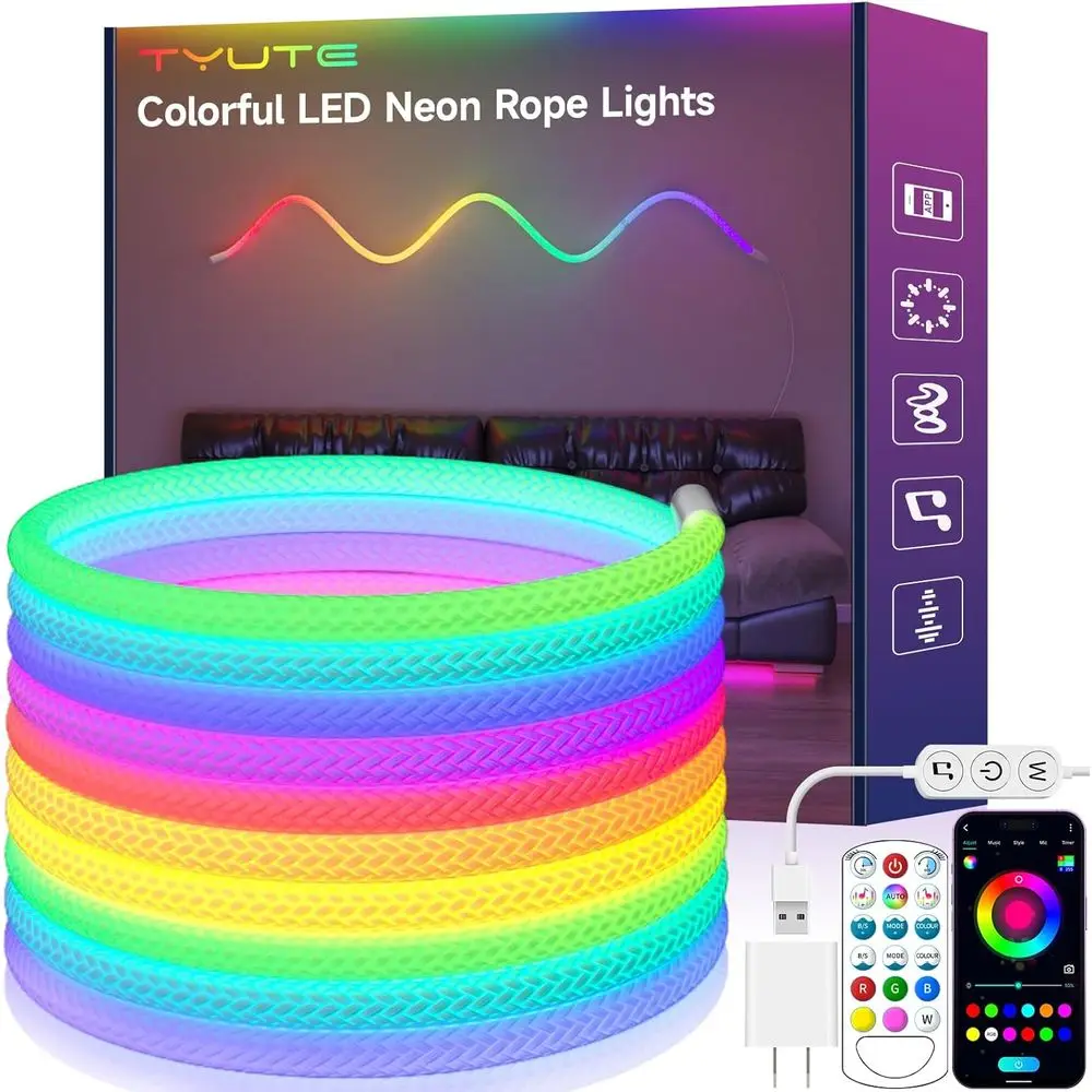 

LED Rope Lights, 16.4t Neon LED Lights Strip with 360 Degree Luminous, 5V USB lexible IP67 Waterproo Music Sync Remote APP Contr
