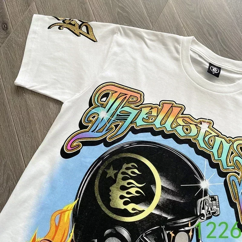 High Street Helmet Print T-Shirts Gold Glitter White Pure Cotton Men's Women's 1:1 Best Quality Oversized Short Sleeves