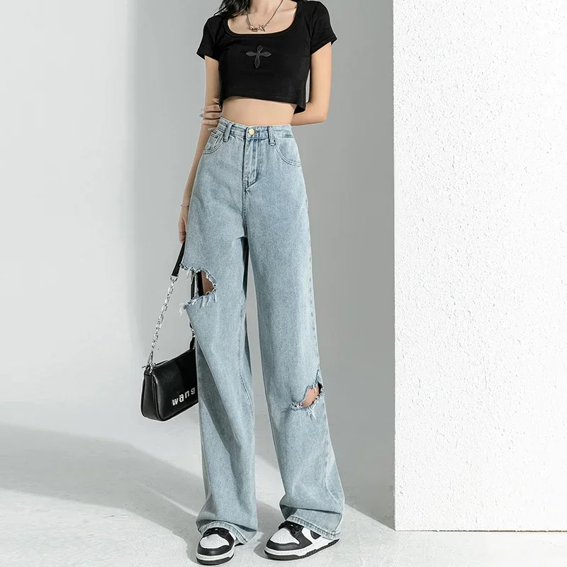 2024 neue Herbst Schwarz Zerrissene Breite Bein Hosen für Frauen Hohe Taille Gerade Bein Jeans High Street Stil Denim Hosen