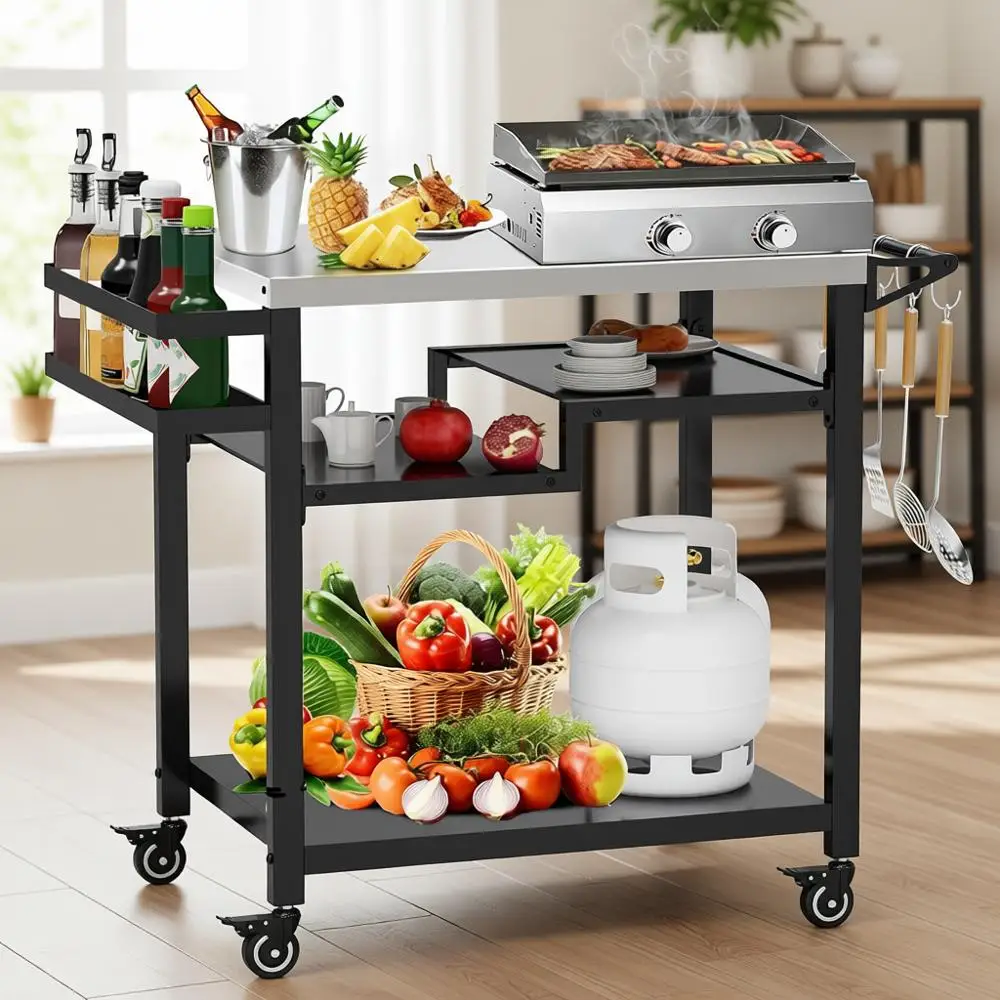 

Versatile Outdoor Grill Table with Pizza Oven Stand and 3-Tier Prep Cart for Parties and Camping