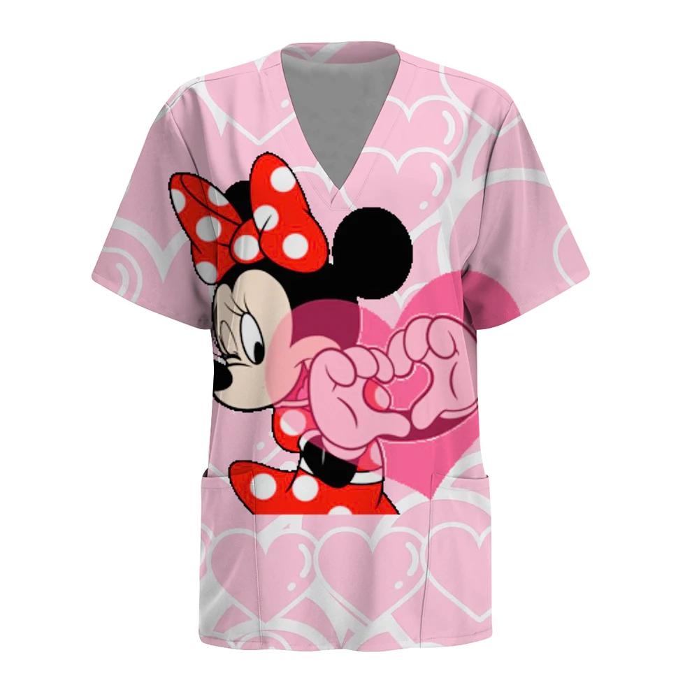 

Scrubs Medical Uniform Disney Mickey Mouse print Graphic Women's Uniforms V Neck Short Sleeve Tops with Pockets Scrubs for Wome