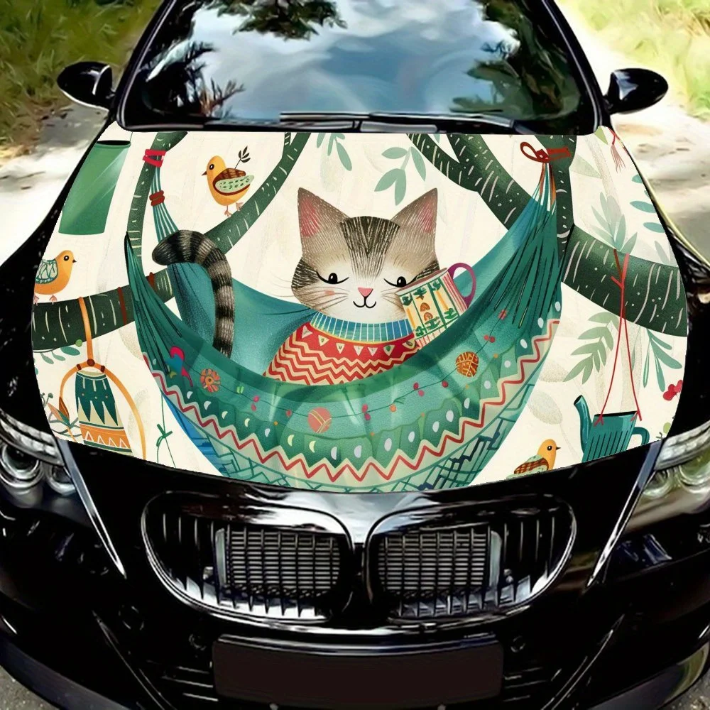

Green hammock cat Pattern car hood stickers, waterproof self-adhesive, scratch resistant, easy to stick, durable car PVC sticker