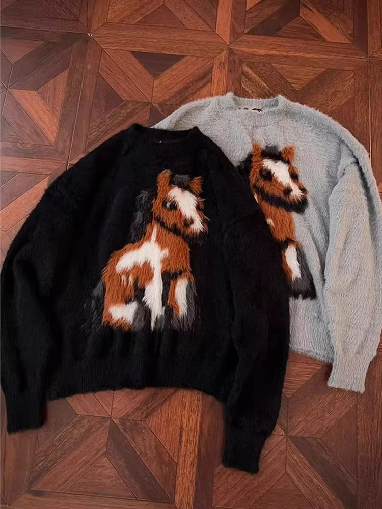 Suéter Retro Americano de Gamuza con Parches Tejidos, Estilo Hoado para Hombre, Estilo Pareja, Cuello Redondo, Manga Larga,...