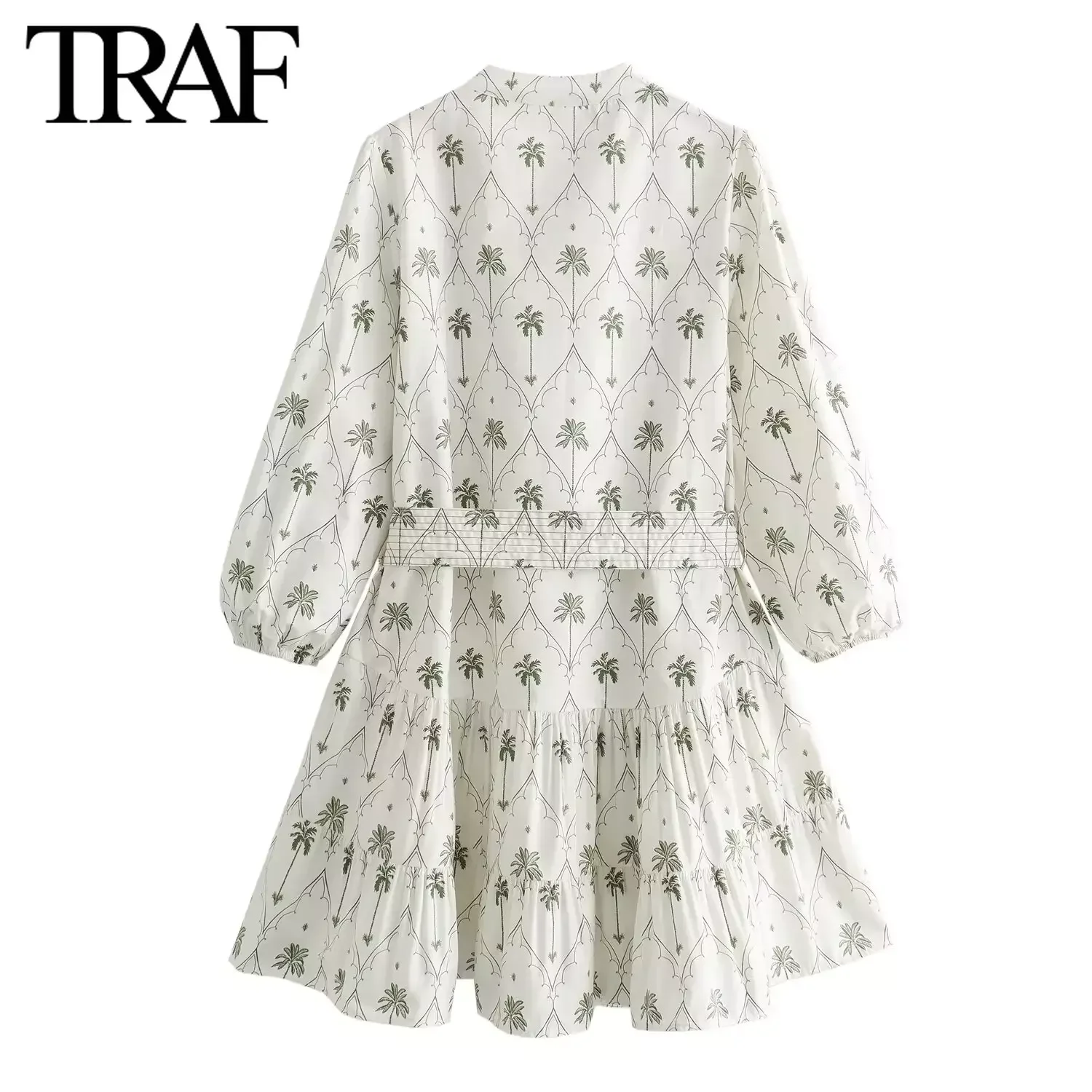 TRAF Women Fashion Spring Summer New Vintage Printed Long-sleeved V-Neck Belt Dress French Chic Female Mini Evening Clothing