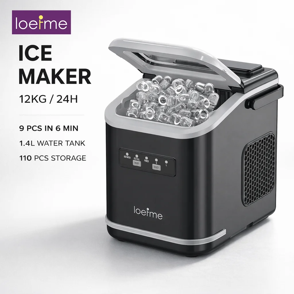 LOEFME Tragbare Eiswürfelmaschine für die Arbeitsplatte, 12 kg Tagesleistung, 9 Eiswürfel, schnelle Eisbereitung, 1,4L Tank, 40dB Geräuscharm für Zuhause