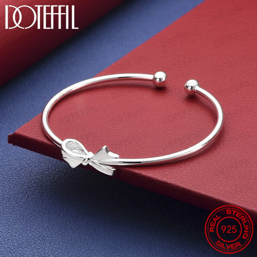 

Стерлингового серебра 925 пробы с бантом и двойными бусинами, открытый браслет для женщин, ювелирные аксессуары для свадебной вечеринки