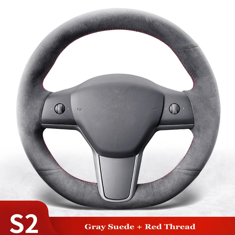 High Quality Genuine Leather Suede Hand Sew Steering Wheel Cover Wrap Car Accessories Specifically for TESLA MODEL 3 / MODEL Y
