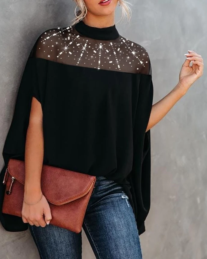 

Woman Blouse 2025 Spring New Fashion Rhinestone Sheer Mesh Patchwork Mock Neck Top Loose Casual Batwing Sleeve Shirt Blouse