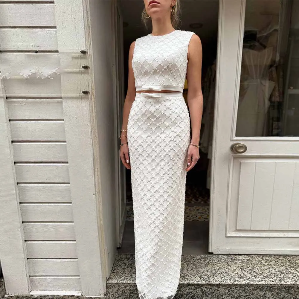 

Exquisite Mother Of The Bride Dresses Jersey Sheath/Column Engagement Dress Ivory O-Neck Criss-Cross Bows Wedding Party Dress