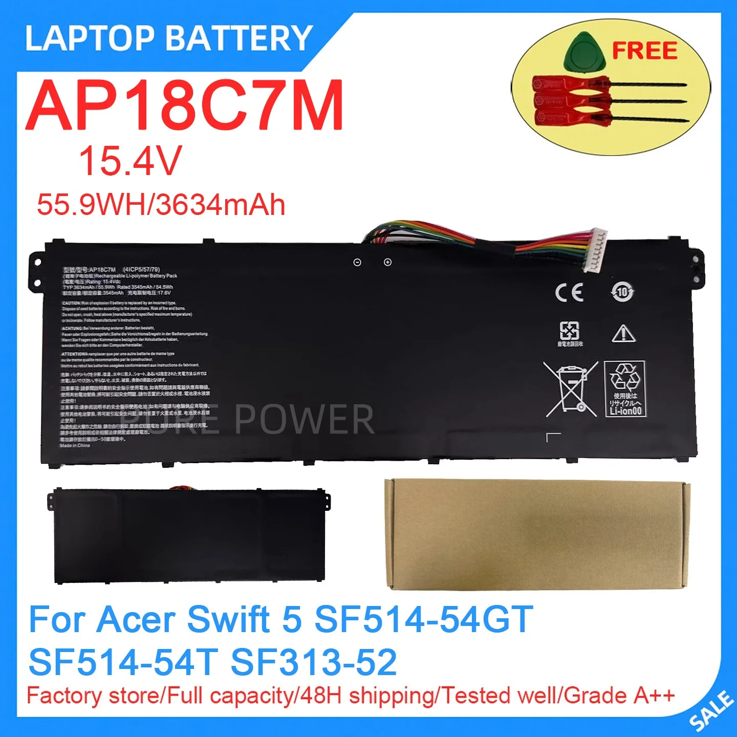 New Laptop Battery AP18C7M 15.4V 55.9WH 3634mAh High Quality For Acer Swift 5 SF514-54GT SF514-54T SF313-52