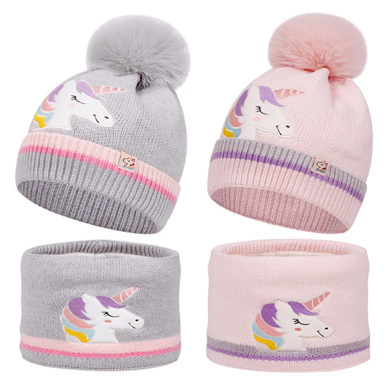 

Детский зимний теплый комплект, вязаная шапка с рисунком единорога, шарф, комплект из двух предметов, вязаная шапка, наряд на шею