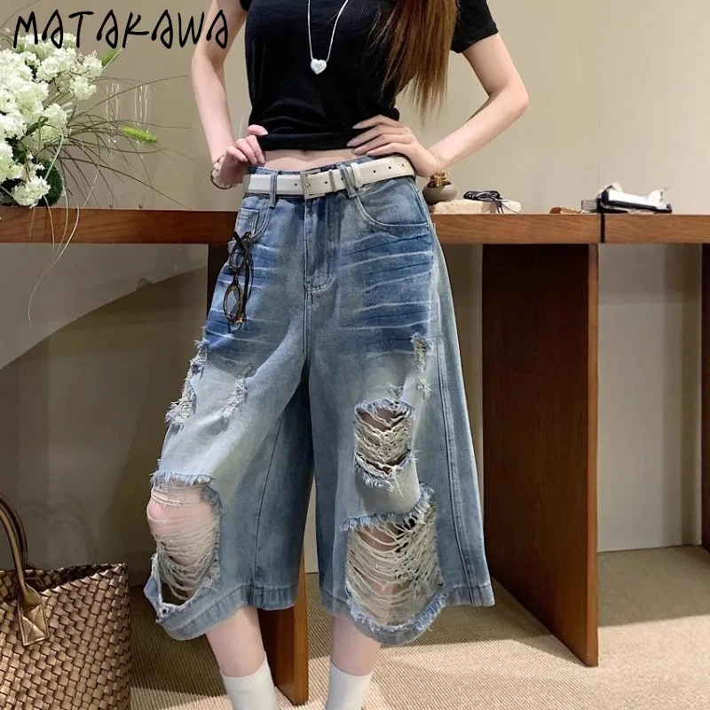 

Matakawa Denim Pants Women Holes Streetwear Spring Summer Vintage Pantalones De Mujer Fashion Loose Wide Leg Trousers