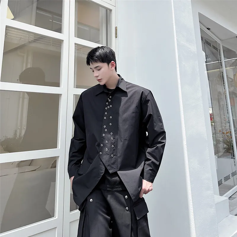 

Dark series Shirt Mens Loose Fit Long Sleeve Decorative Button Tie Design Celebrity Stage Performance Fashion New Style Trendy