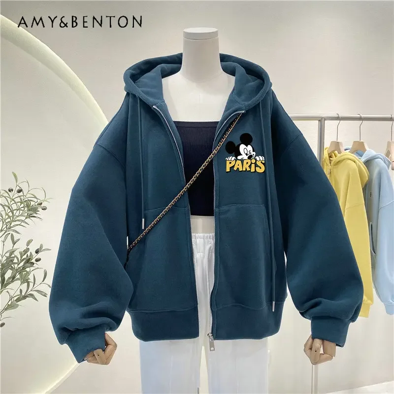 

Potdemiel Women's Retro Hooded Cardigan Sweatshirt Coat Spring Autumn Oversize Zipper Casual Coat Fashion Cartoon Jackets Ladies