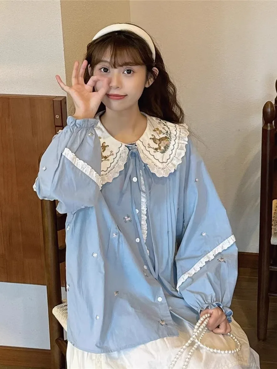 プラスサイズ 300ポンド ファットMM ウサギ刺繍 ドールカラー ロングスリーブ レディース 夏新作 ルーズトップ 韓国風 スタイル 純綿