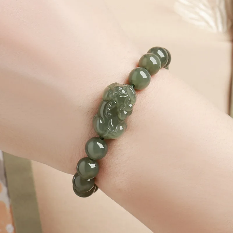 Hetian Round Bead Bracelet Men And Women, Lake Green, Wealth-Attracting Jade, Pixiu Jad