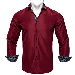 Classic Burgundy Man's Shirt Button Turn-Down Collar Shirts For Men Causal Long Sleeve Fashion Wine Red Patchwork Buiness Blouse