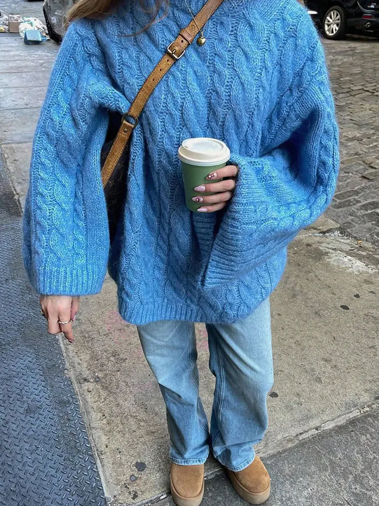 Maglione lavorato a maglia da donna intrecciato blu di nuova moda casual caldo O collo manica a sbuffo pullover allentato autunno inverno abbigliamento donna top