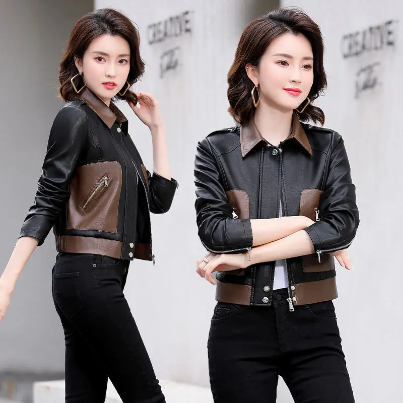 Sheepskin Jacket 2023 New Spring Colorblock Lapel Versatile Trend Short Leather Jackets Female Fashion Streetwear Oversized Coat