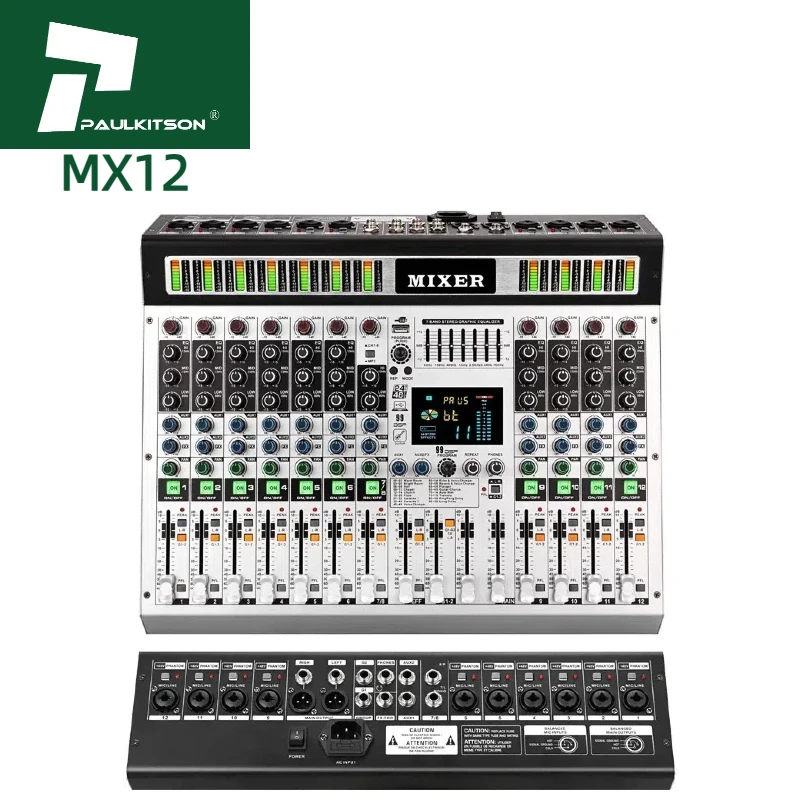 MX12 Professional Audio DJ Controller Mixer 12-Channel Digital Console with Sound System Metal Material