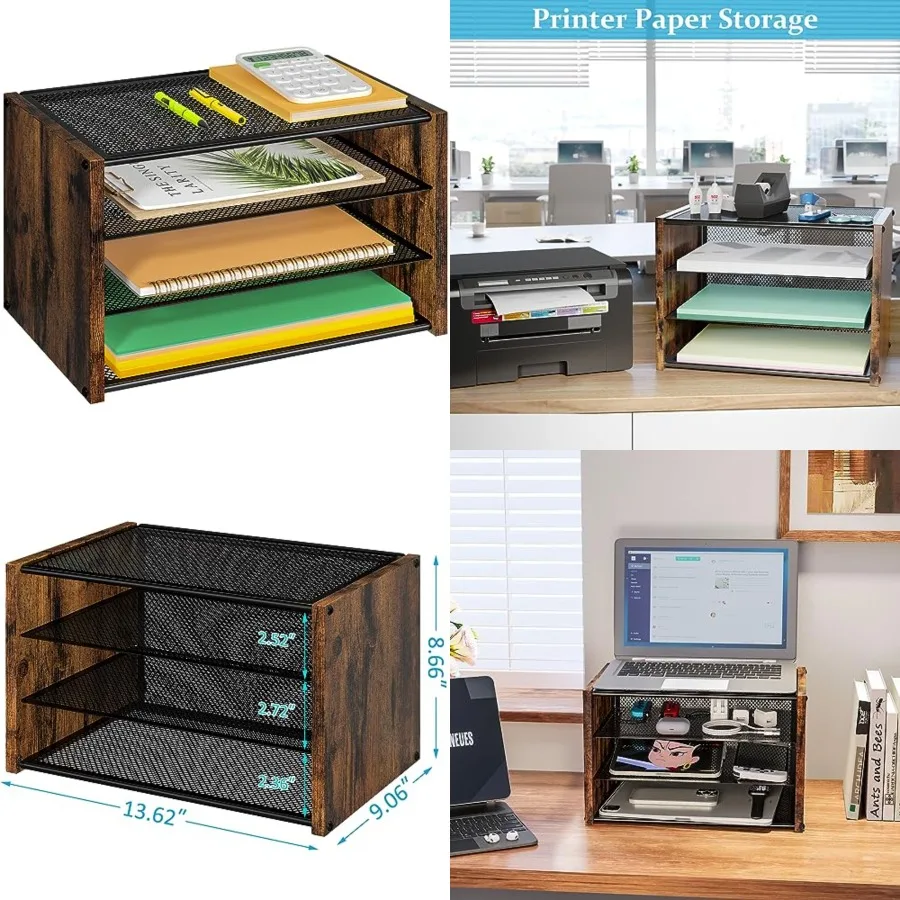 

3-уровневый штабелируемый деревянный и металлический сетчатый настольный органайзер для офисных принадлежностей, коричневый бумажный лоток для писем в деревенском стиле с регулируемым сравниванием