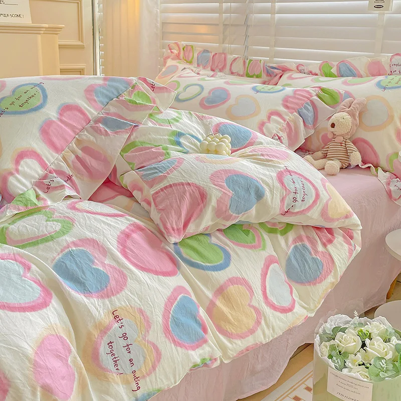 INS Pink Bedding Set Princess Love Heart Duvet Cover with Flat Sheet Ruffled Edge Pillowcase Soft Home Textiles Girls Bedclothes