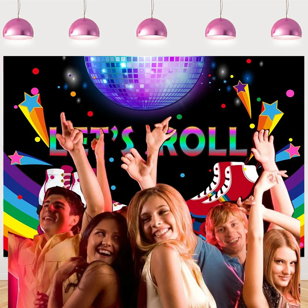 Фон для фотосъемки Let's Roll для девочек 80-х 90-х годов, розовые неоновые огни для катания на роликовых коньках, Радуга, дискотека, фотофон на день рождения XZ-01