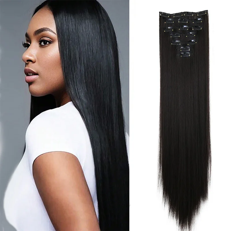 7 Uds. Clip de extensión de cabello negro peluca larga y recta 22 pulgadas 24 pulgadas pelucas sintéticas media peluca Natural piezas de cabello para mujeres 가