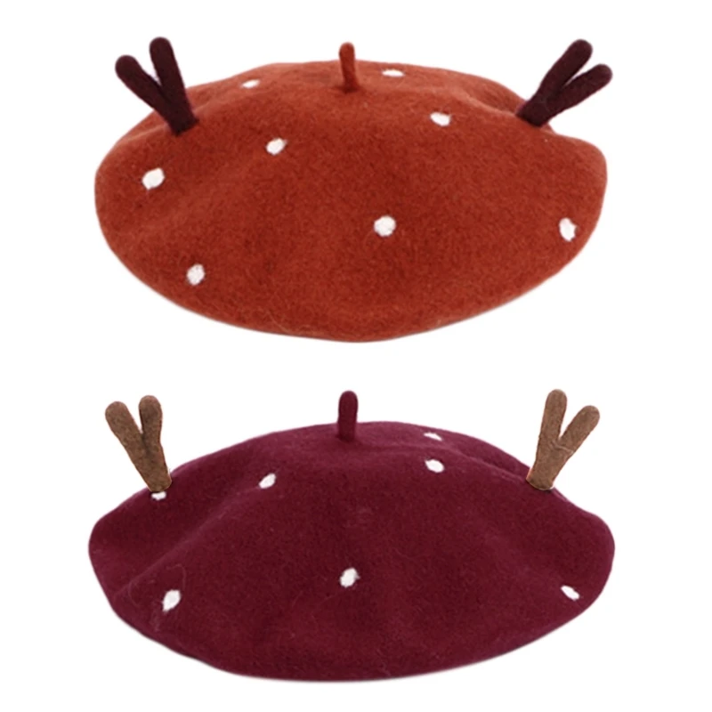 

Women Christmas Faux Wool 3D Antlers Vintage Painter Mushroom Hat