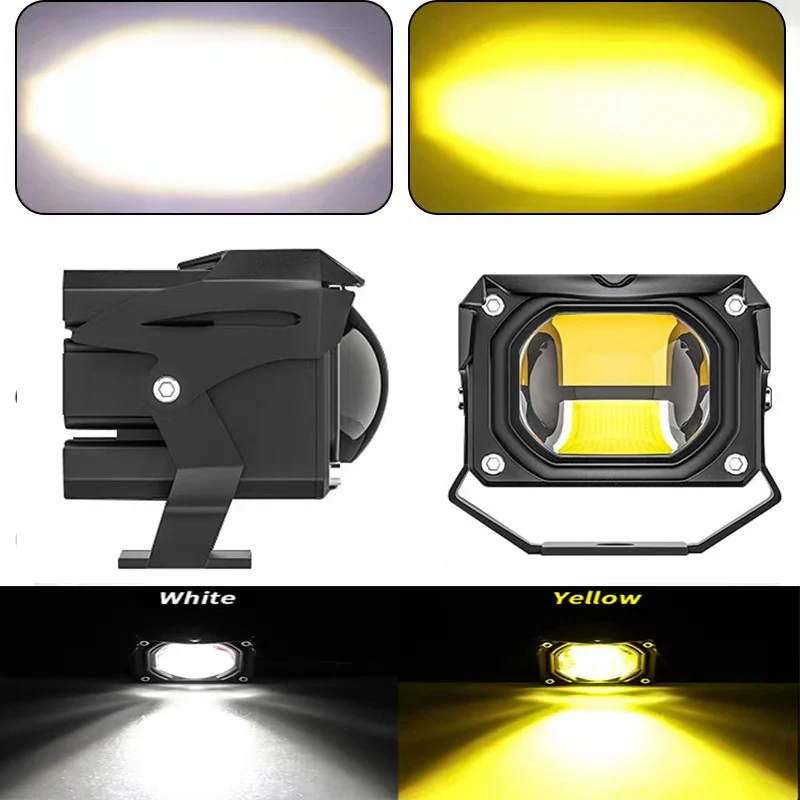 Motorcycle LED Spotlight Dual Color LED Lens Hi/Lo beam Driving Fog Lights 12V Farol Auxiliar Moto Headlight for Dirt Bike SUV