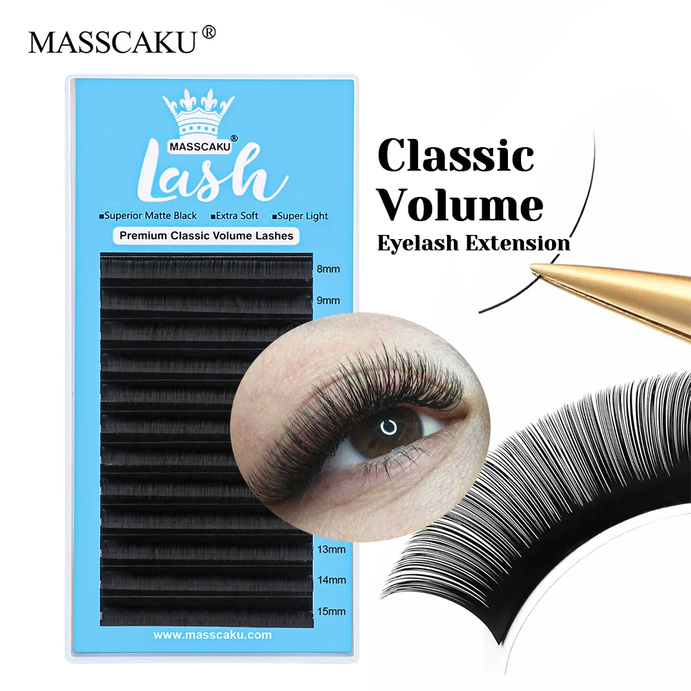 Hot Selling MASSCAKU 8-20mm and Mix Size Ribbon Classic Regular Lashes Individual Handmade Russian Volume Eyelashes in Stock