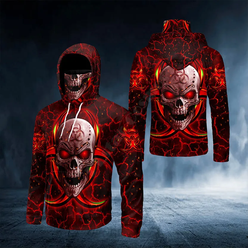 Biohazard Symbol Red Flame Skull 3D All Over Printed Bandana Hoodie US Size Women For Men Casual Pullover Hoodie Mask Warm